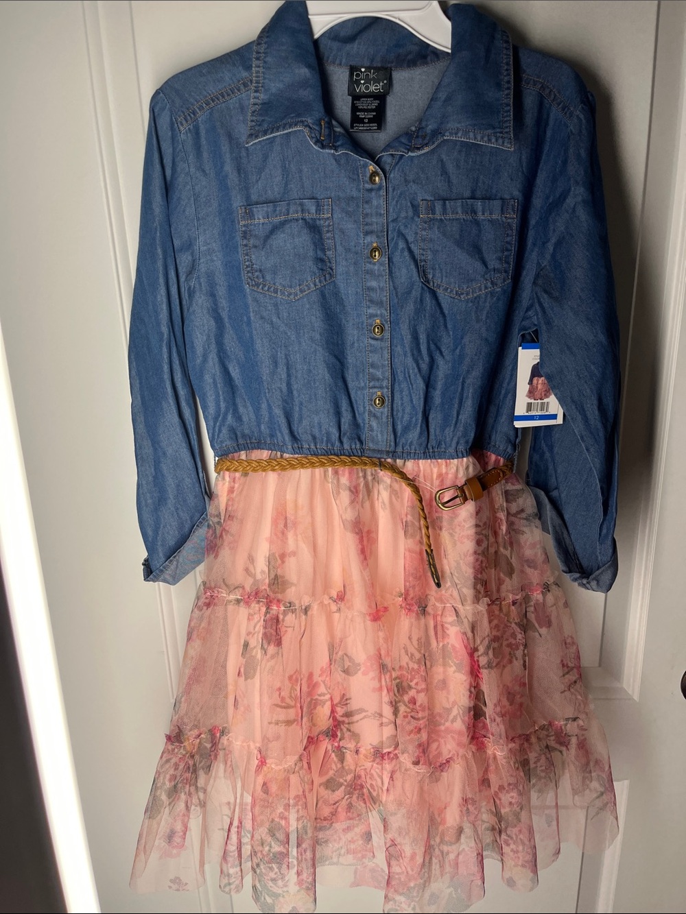 Girls' Blue Denim & Pink Floral Dress size 12 NWT Smoke